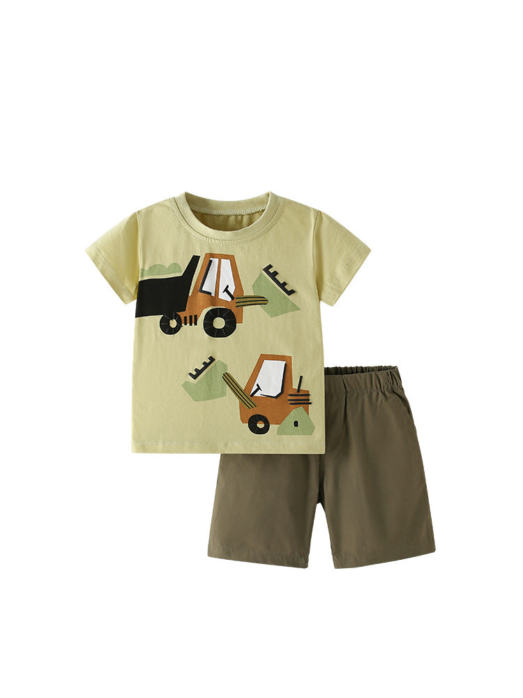 Summer Baby Kids Casual Excavator Cartoon Pattern T-shirt and Shorts