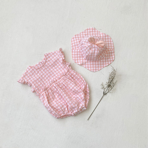 Summer Baby Kids Sleeveless Plaid Pattern Onesies and Hat Casual