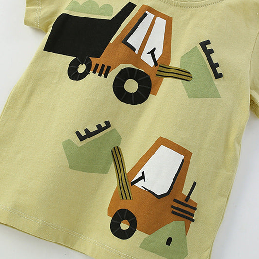 Summer Baby Kids Casual Excavator Cartoon Pattern T-shirt and Shorts