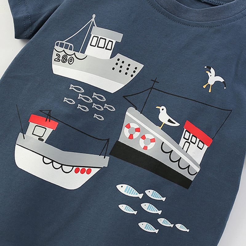 Summer Baby Kids Casual Ships Cartoon Pattern T-shirt and Striped