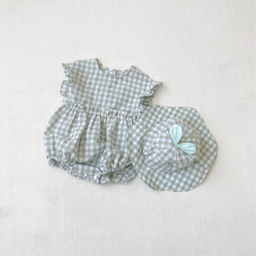 Summer Baby Kids Sleeveless Plaid Pattern Onesies and Hat Casual