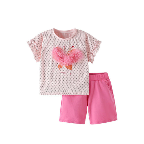 Summer Baby Kids Heart Shaped Butterfly Pattern Top and Pink Shorts