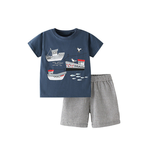 Summer Baby Kids Casual Ships Cartoon Pattern T-shirt and Striped