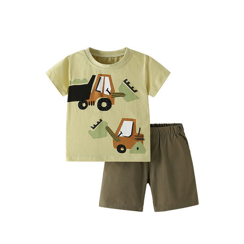 Summer Baby Kids Casual Excavator Cartoon Pattern T-shirt and Shorts