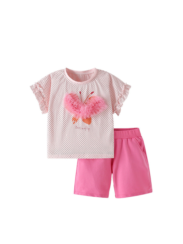 Summer Baby Kids Heart Shaped Butterfly Pattern Top and Pink Shorts