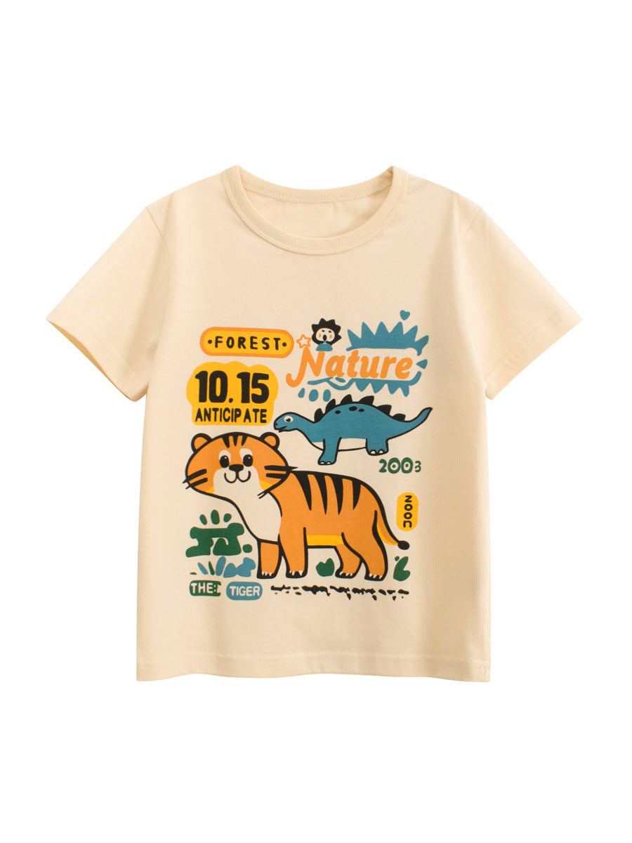 Summer Boys’ Animals Dinosaur and Tiger Cartoon Pattern T-shirt in