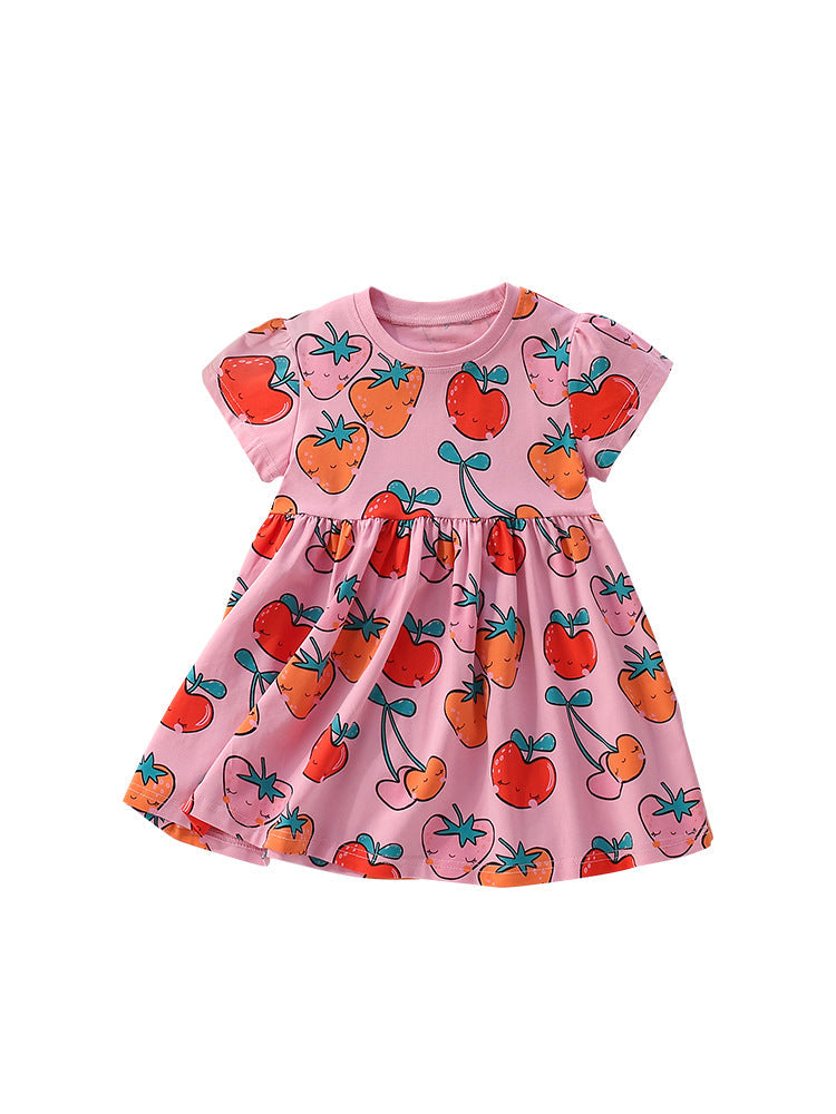 Summer Arrival Fruits Strawberry Cartoon Pattern Short Sleeves Dress