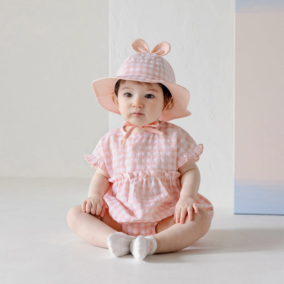 Summer Baby Kids Sleeveless Plaid Pattern Onesies and Hat Casual