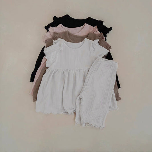 Summer Baby Kids Solid Color Fly Sleeves Vest and Pants Simple