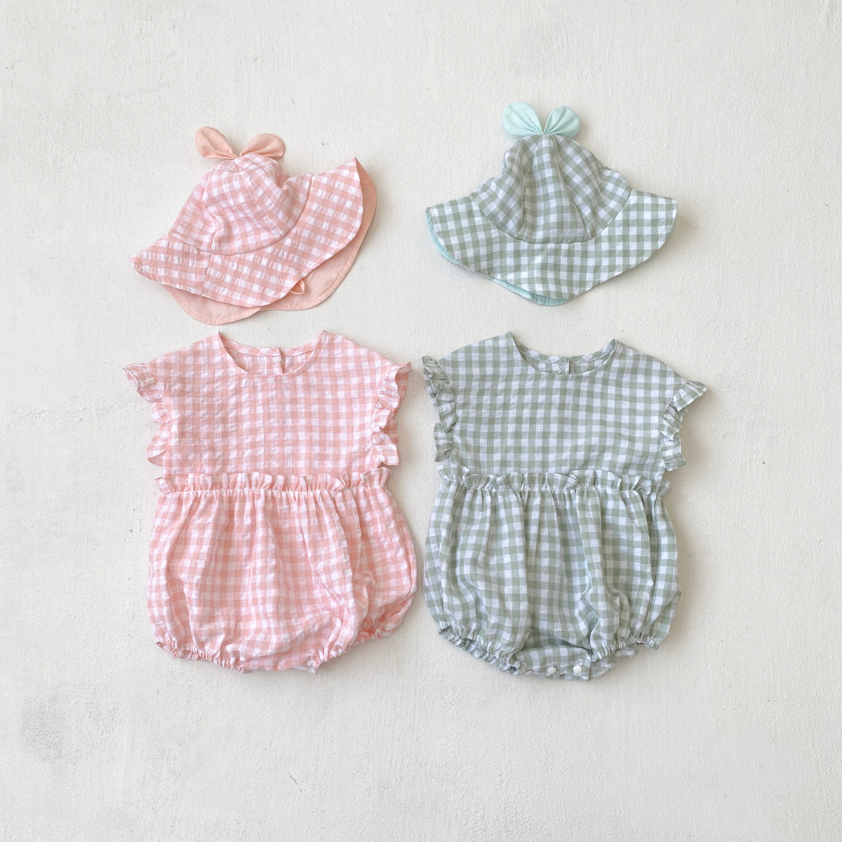 Summer Baby Kids Sleeveless Plaid Pattern Onesies and Hat Casual